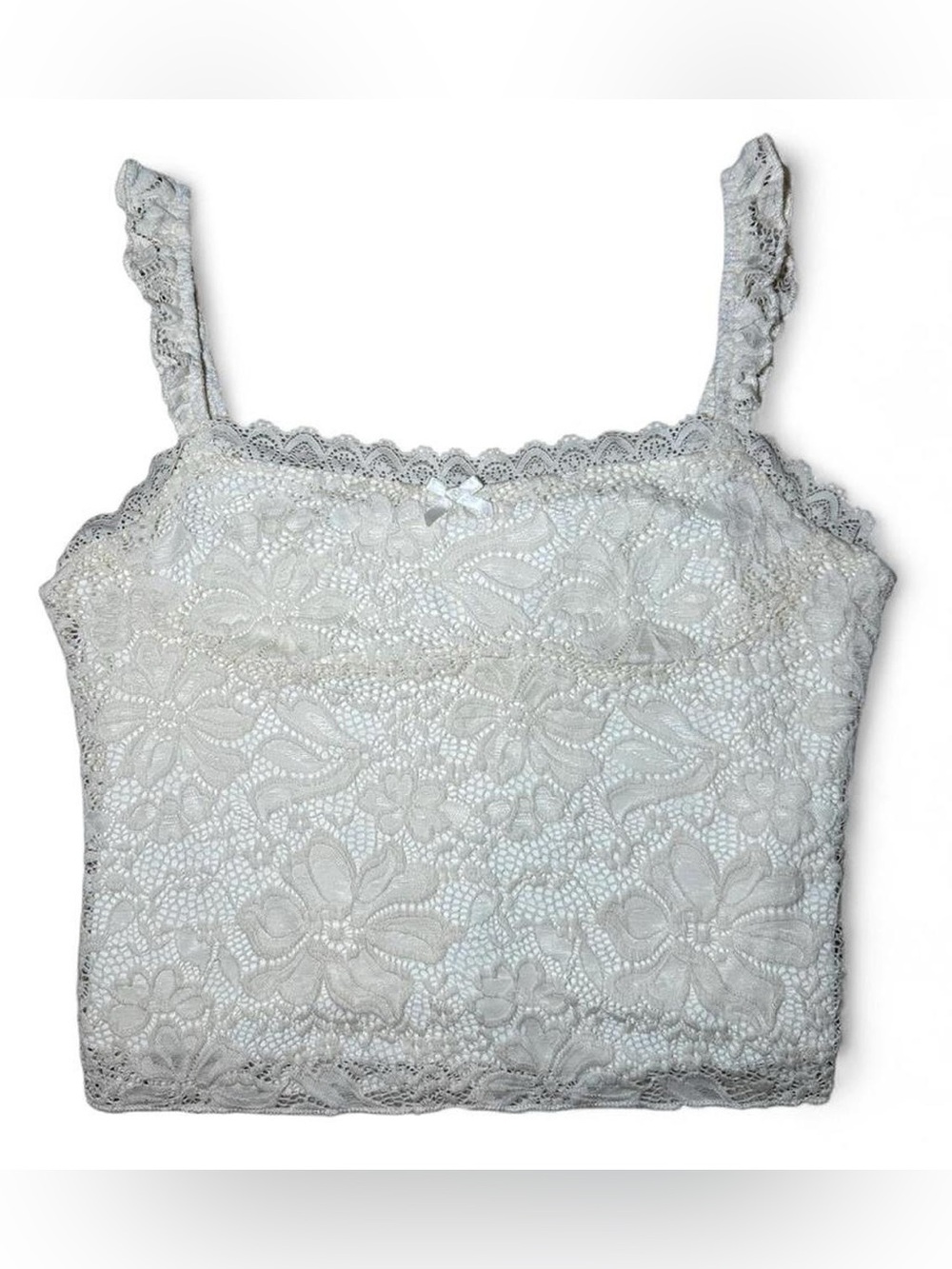 White Cream Floral Lace Cropped Cami Bow Ruffles Coquette Romantic Feminine